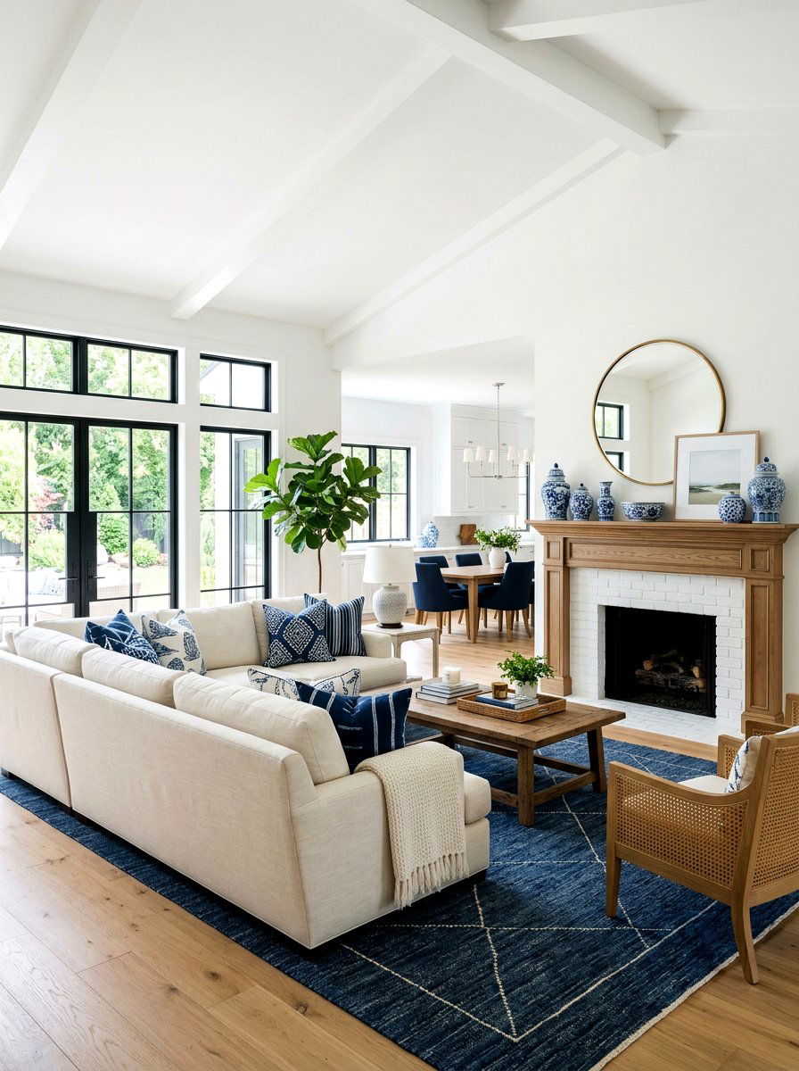 White Living Room With Navy Accents - 30 navy and white decor ideas
