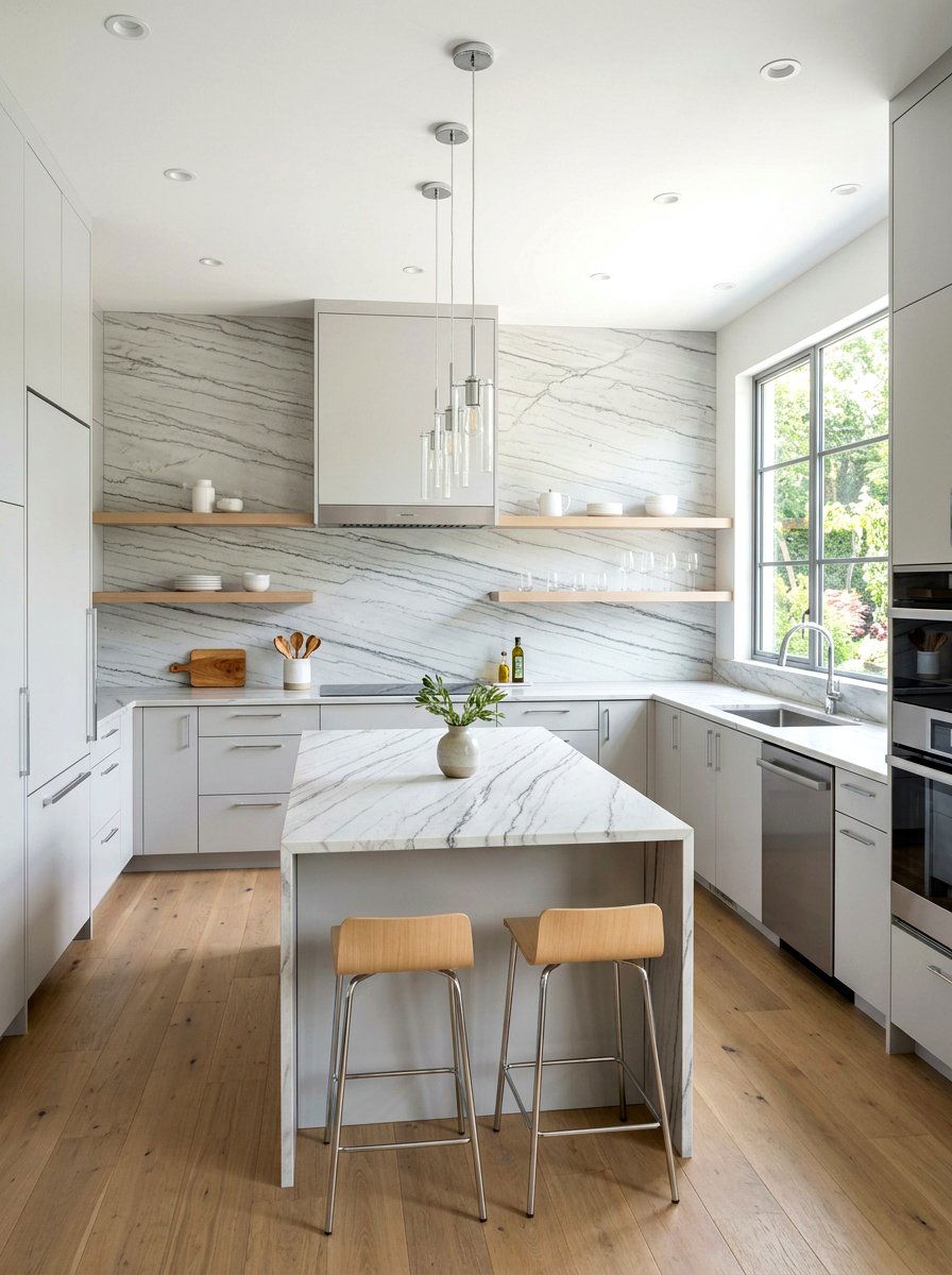White Macaubas Quartzite Backsplash - 30 full slab stone wall kitchen ideas