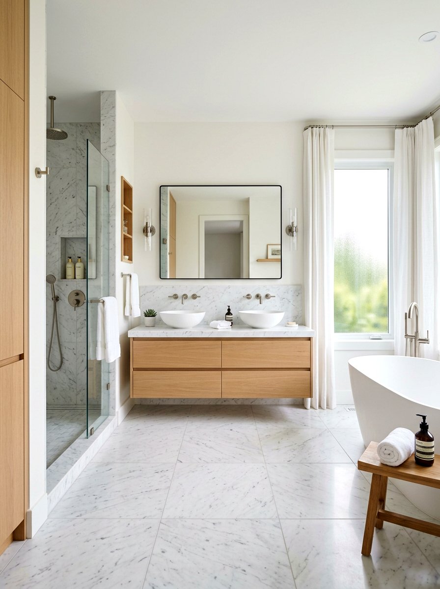 White Marble And Light Wood Combo - 30 sauna inspired bathroom ideas