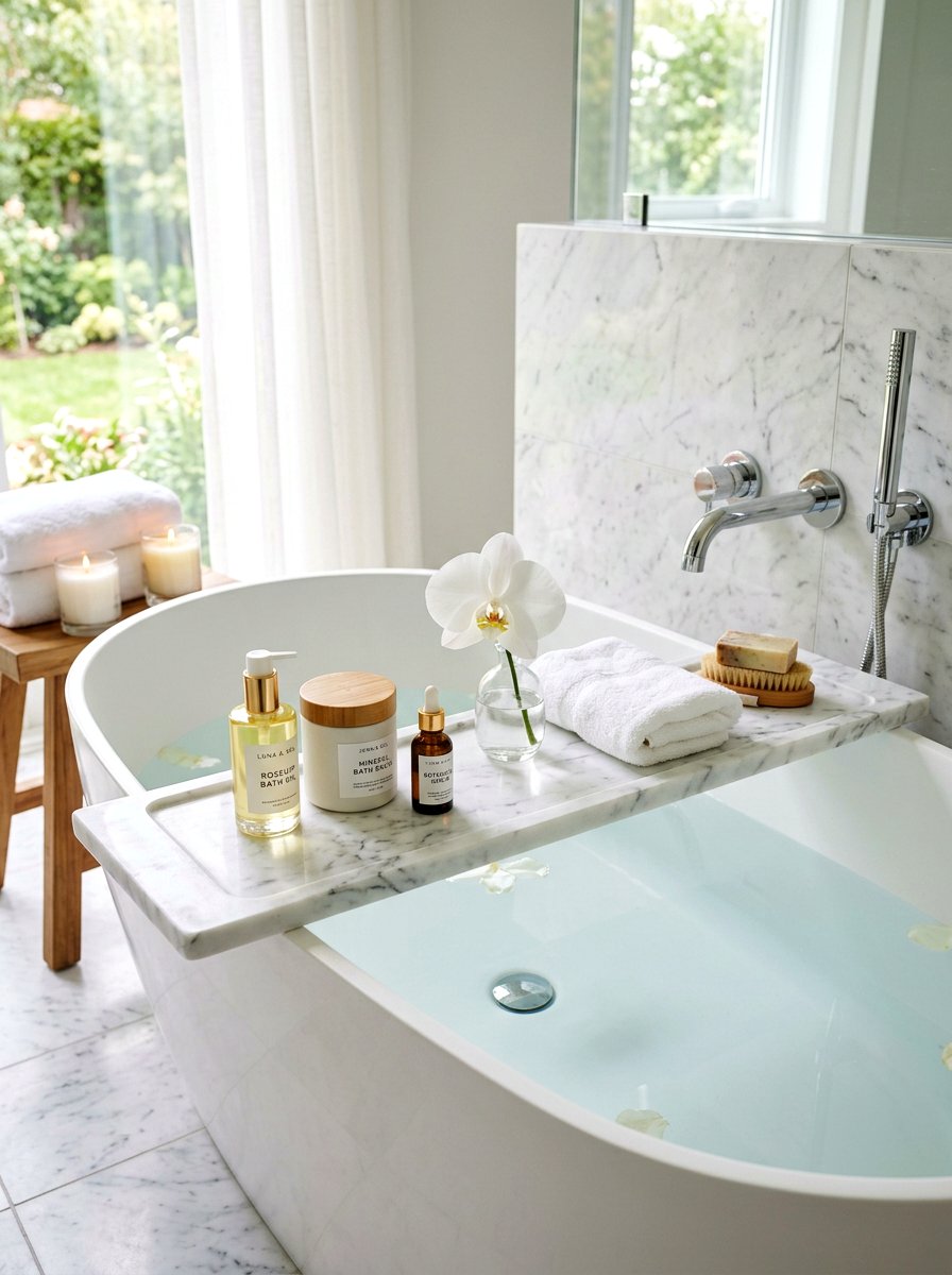 White Marble Bathtub Tray - 30 bath tray styling ideas