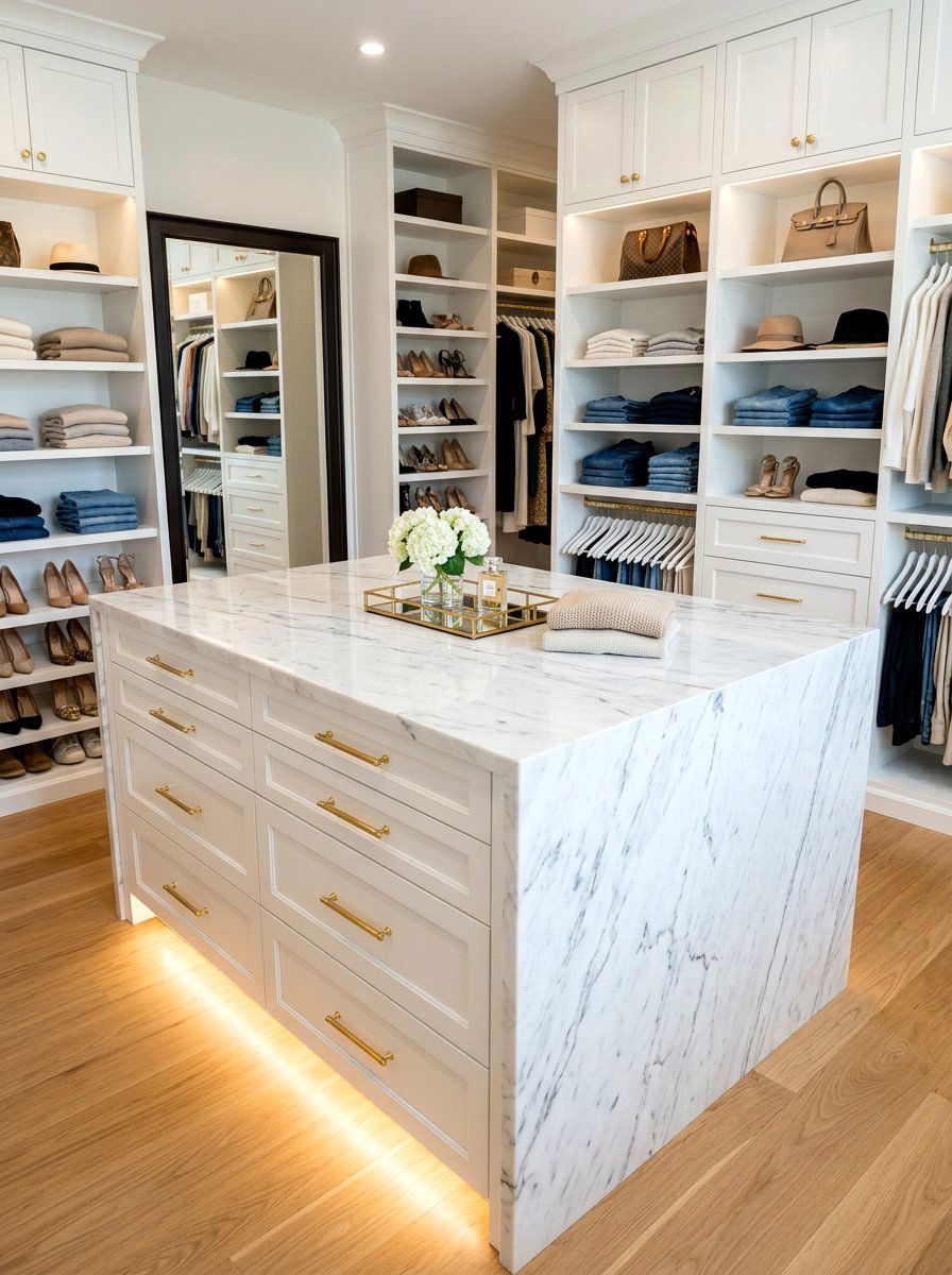 White Marble Closet Island - 30 closet island ideas
