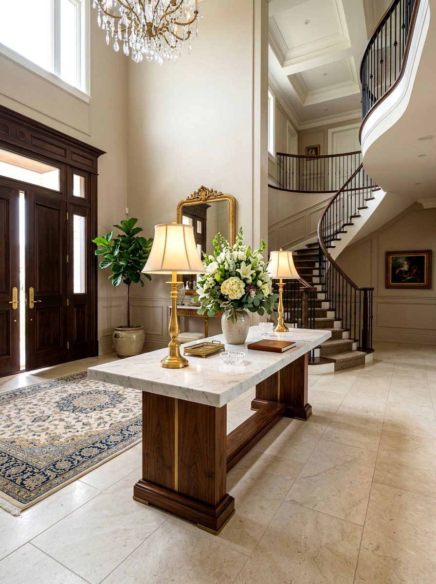 White Marble Console Top - 30 Nancy Meyers entryway ideas
