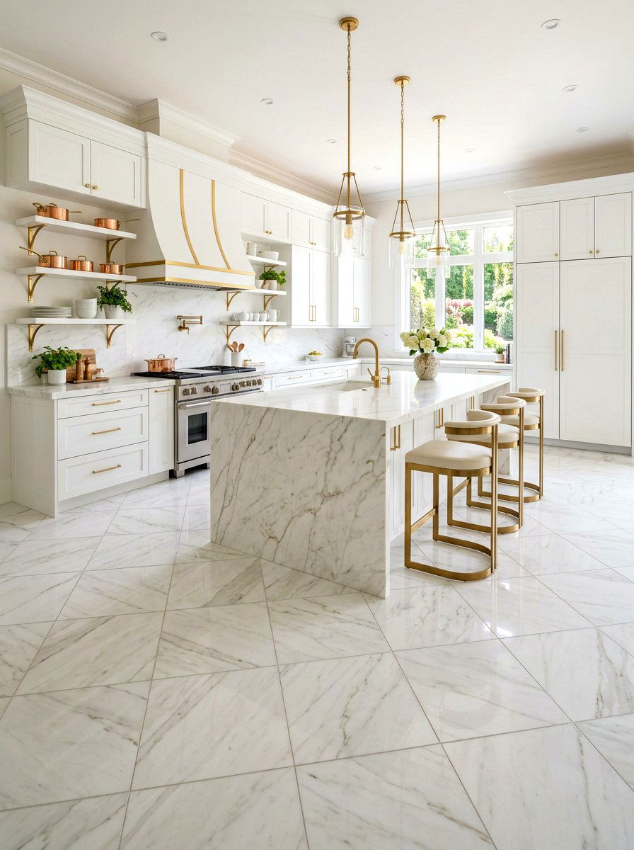 White Marble Diagonal Tile - 30 diagonal tile kitchen floor ideas