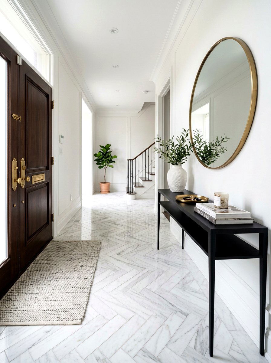 White Marble Herringbone Entryway - 30 herringbone floor ideas
