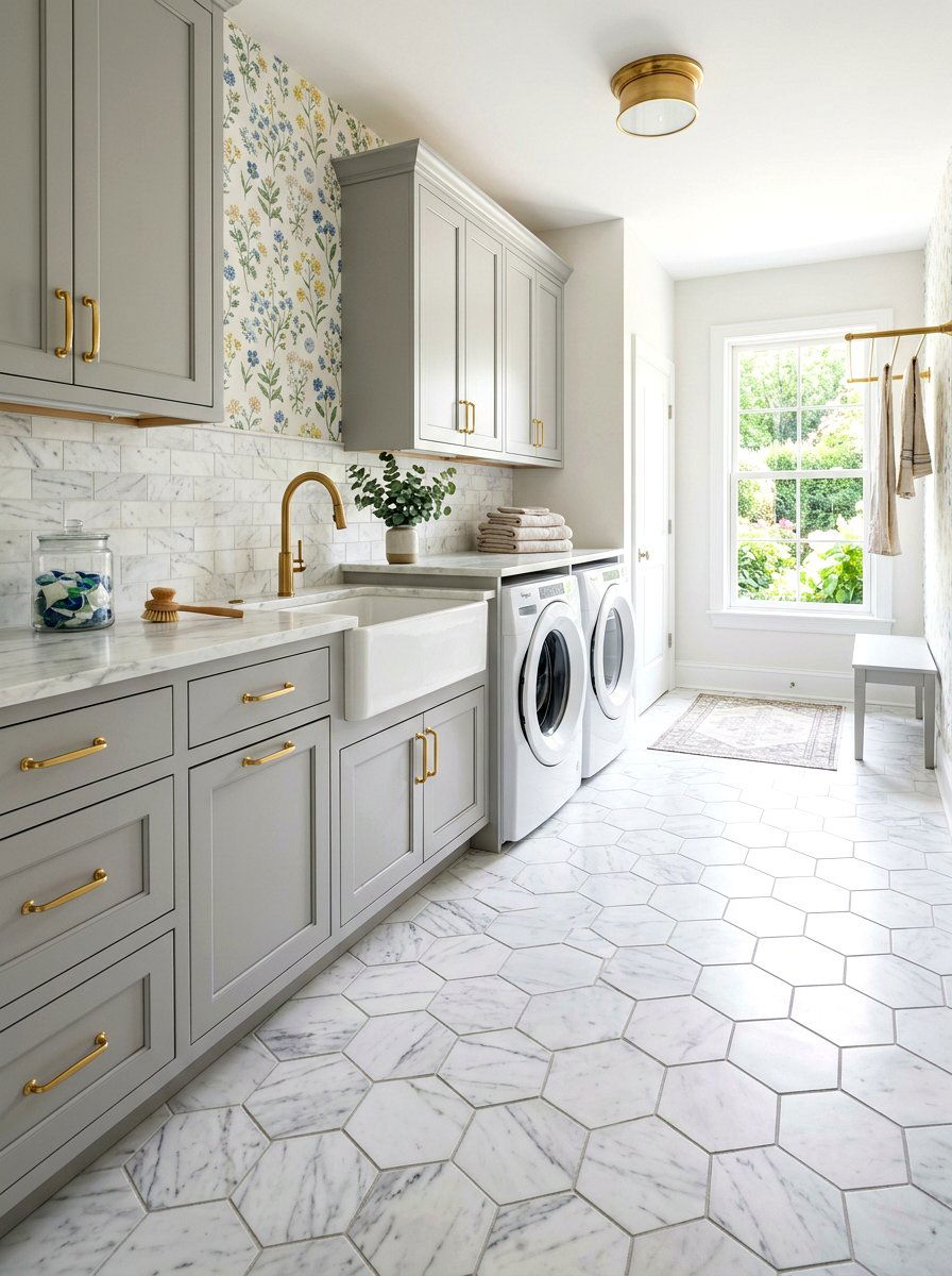 White Marble Hexagon Tile - 30 laundry room floor tile ideas