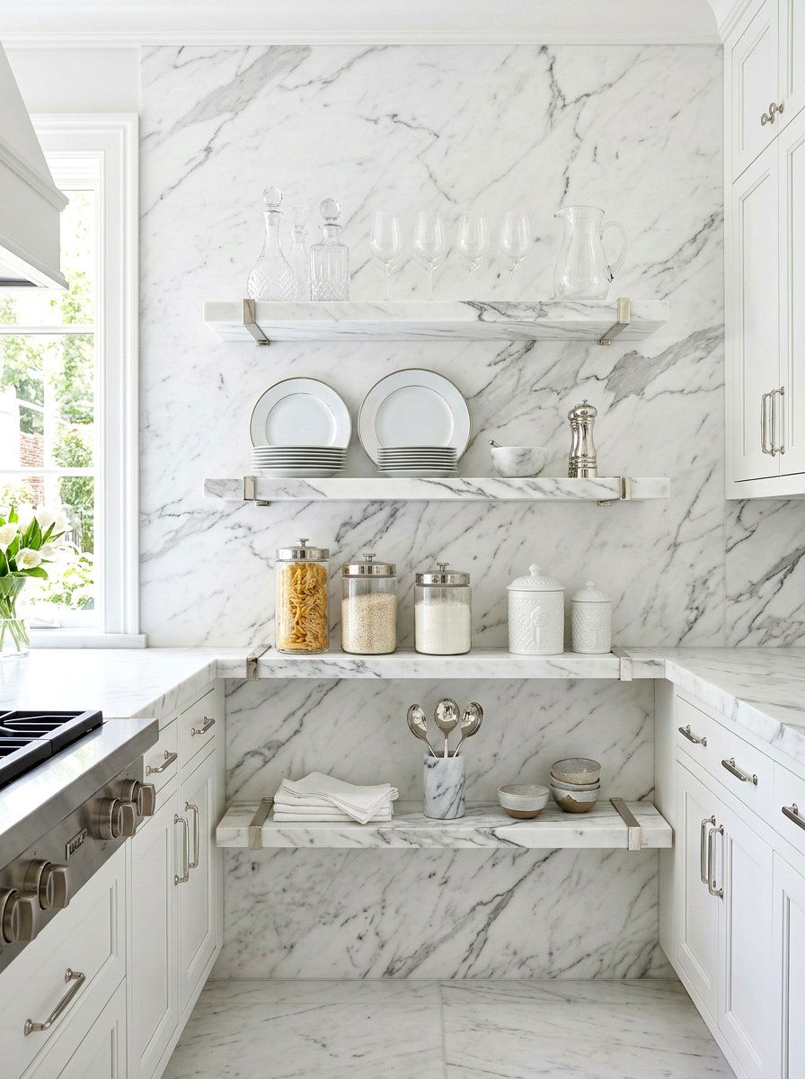 White Marble Kitchen Shelving - 30 open shelving kitchen decor ideas