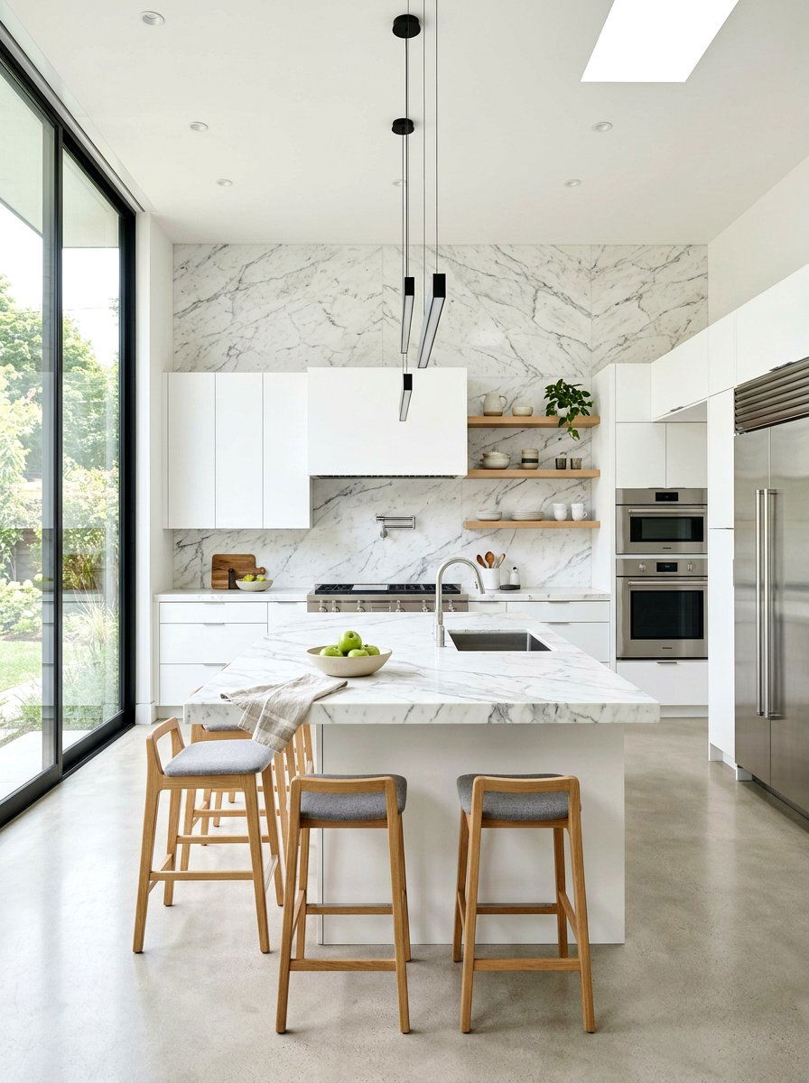 White Marble Kitchen Wall - 30 full slab stone wall kitchen ideas