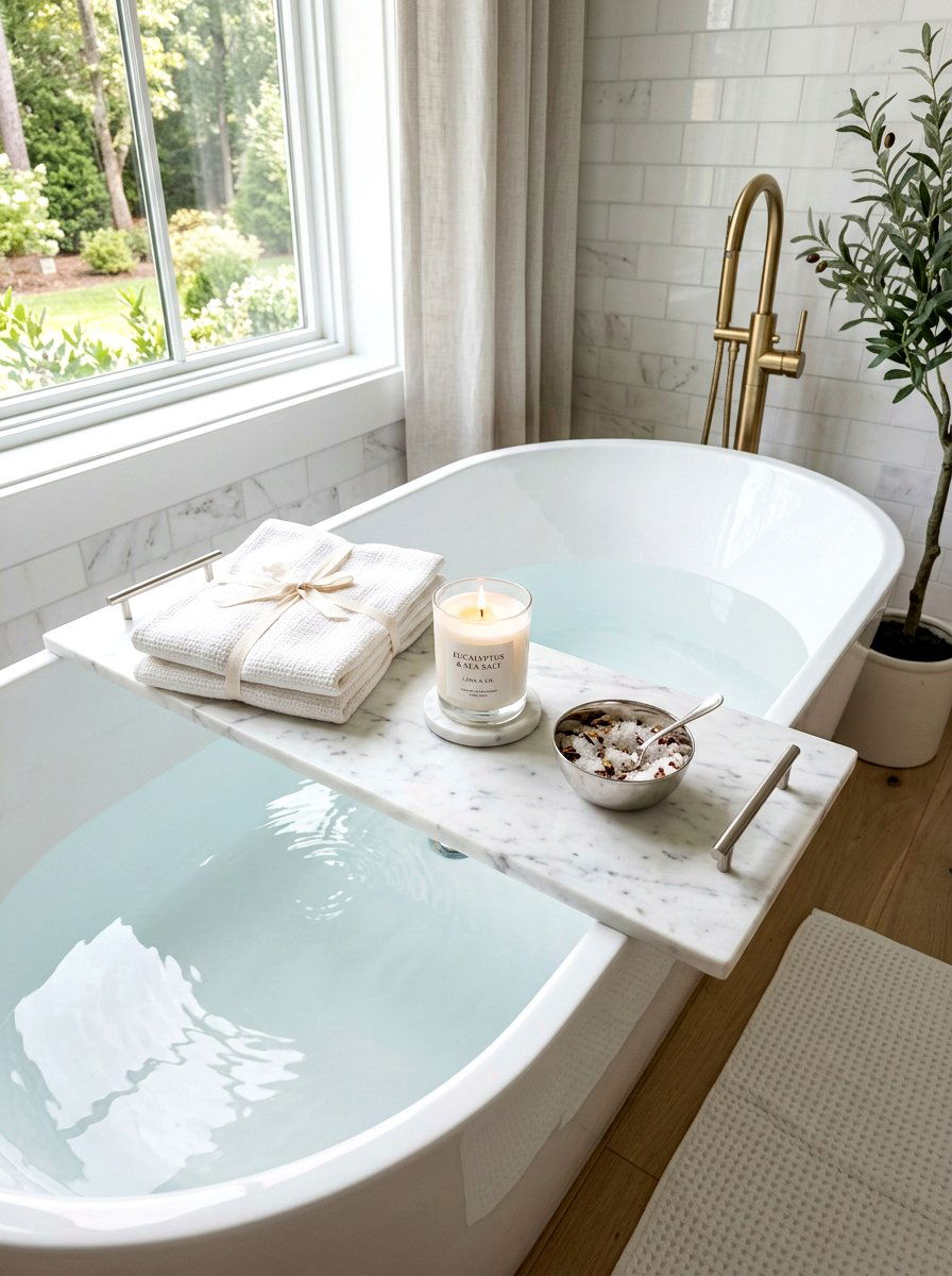 White Marble Tub Tray - 30 bath tray spa ideas