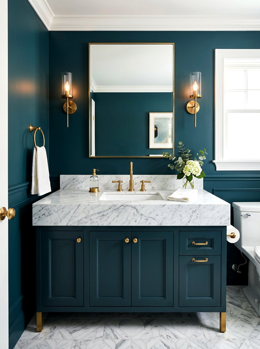 White Marble Vanity - 30 deep teal powder room ideas