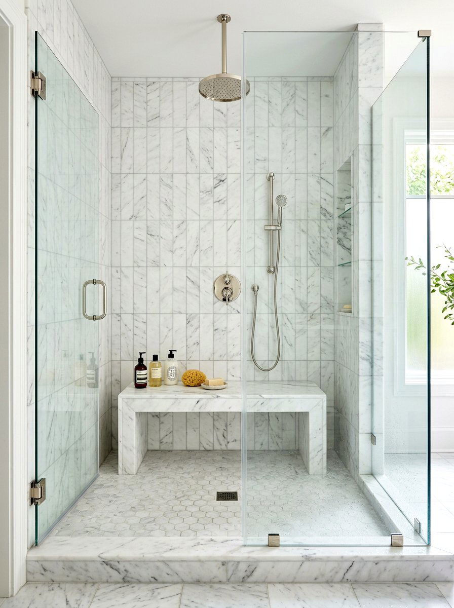 White Marble Vertical Stack Tile - 30 vertical tile shower ideas