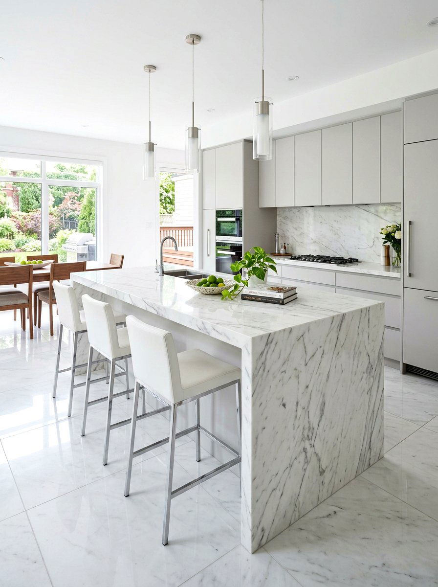 White Marble Waterfall Island Stools - 30 waterfall island seating ideas
