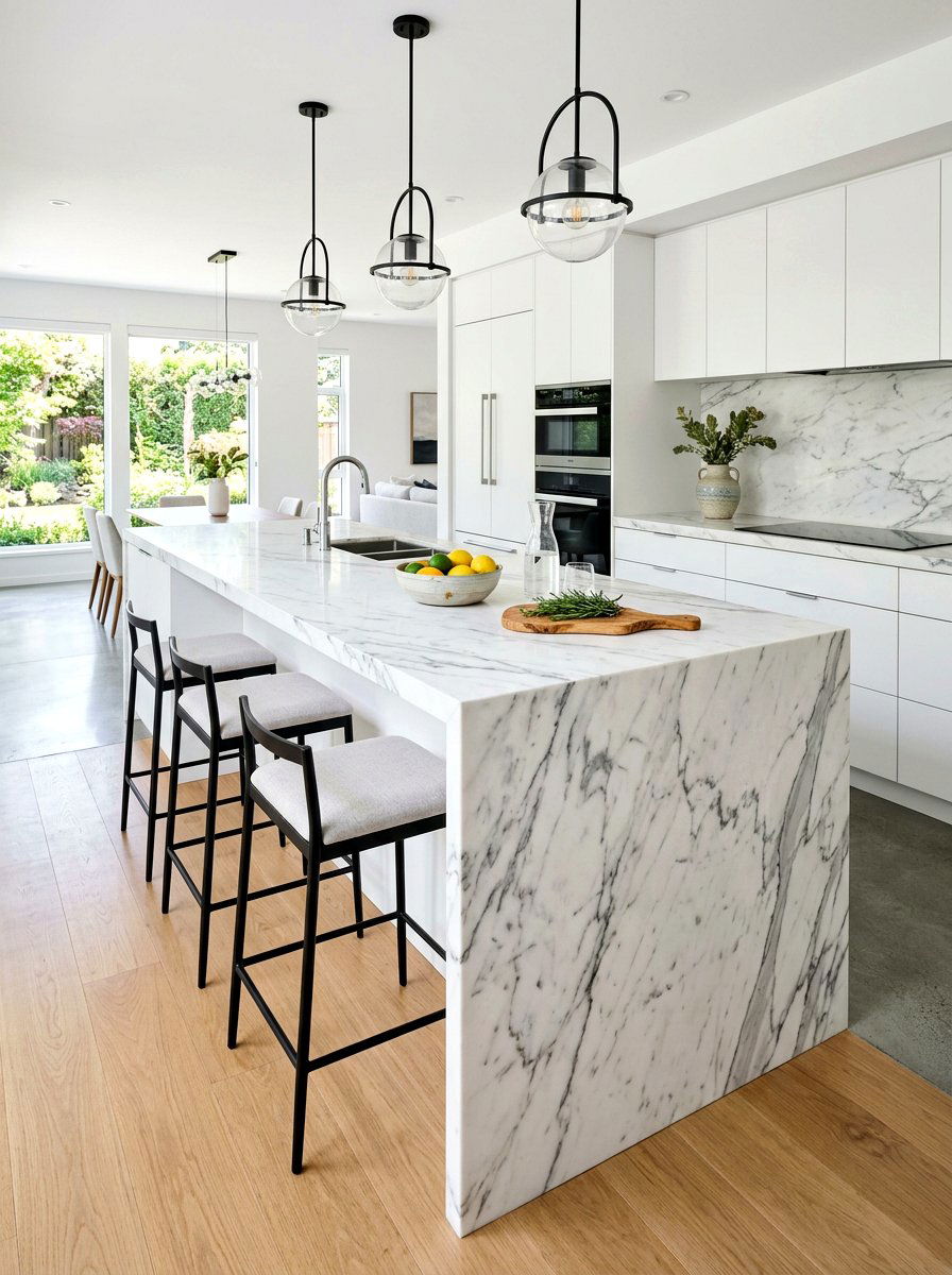 White Marble Waterfall Kitchen Island - 30 waterfall countertop ideas
