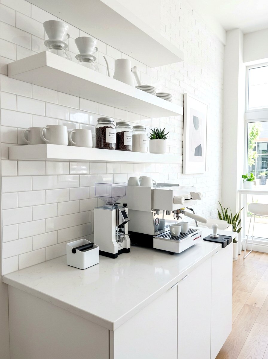 White Minimalist Coffee Bar - 30 coffee station shelf styling ideas