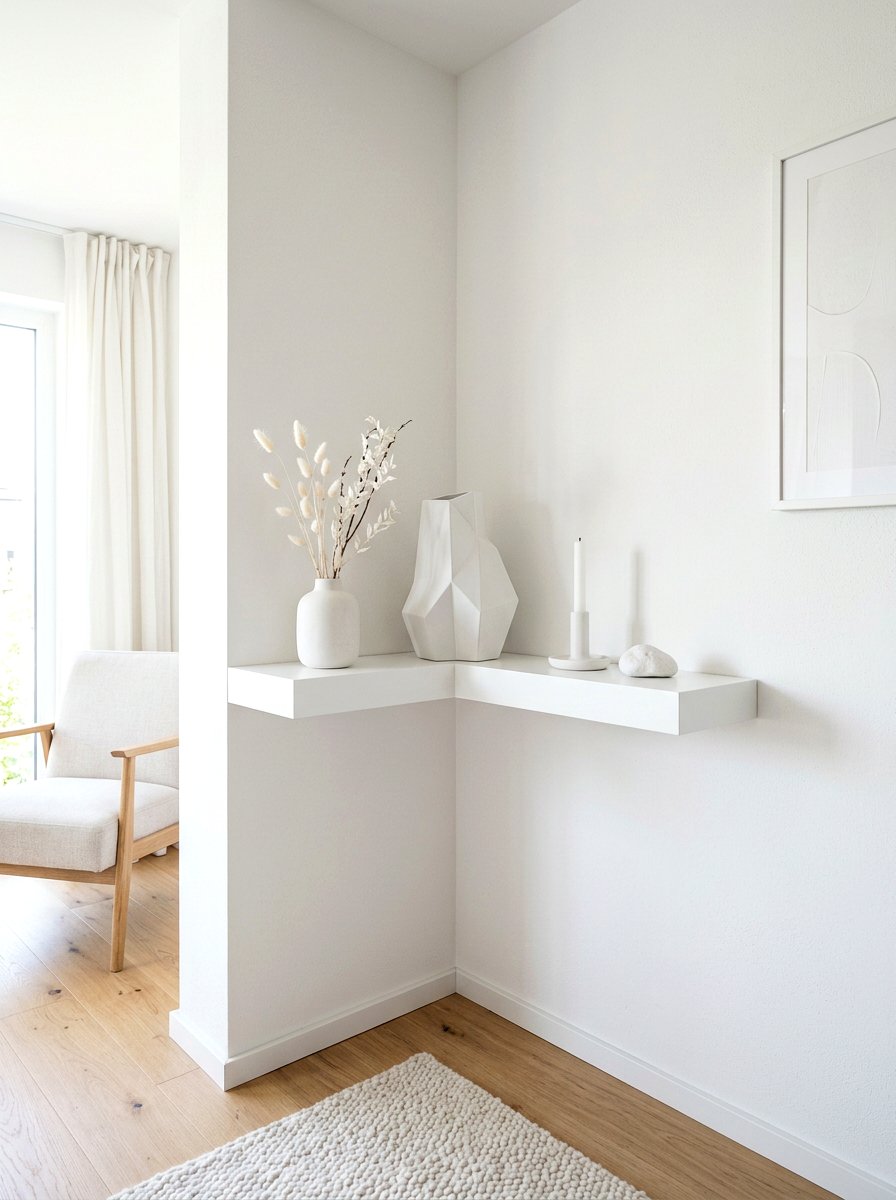 White Minimalist Corner Shelf - 30 living room corner shelf ideas