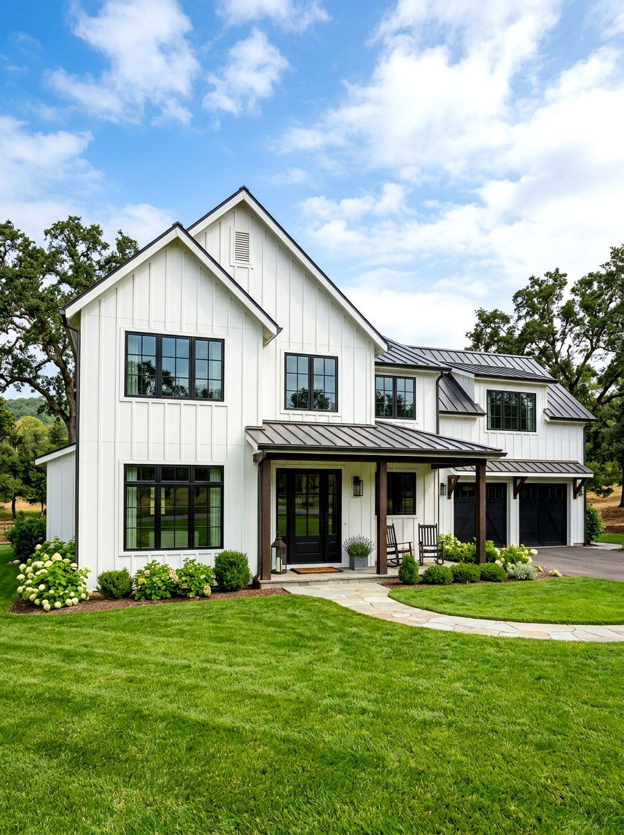 White Modern Farmhouse Exterior - 30 black bronze window exterior ideas