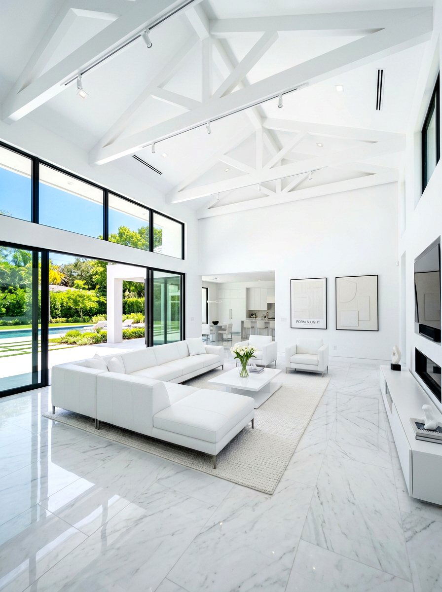 White Modern Vaulted Great Room - 30 vaulted great room ideas