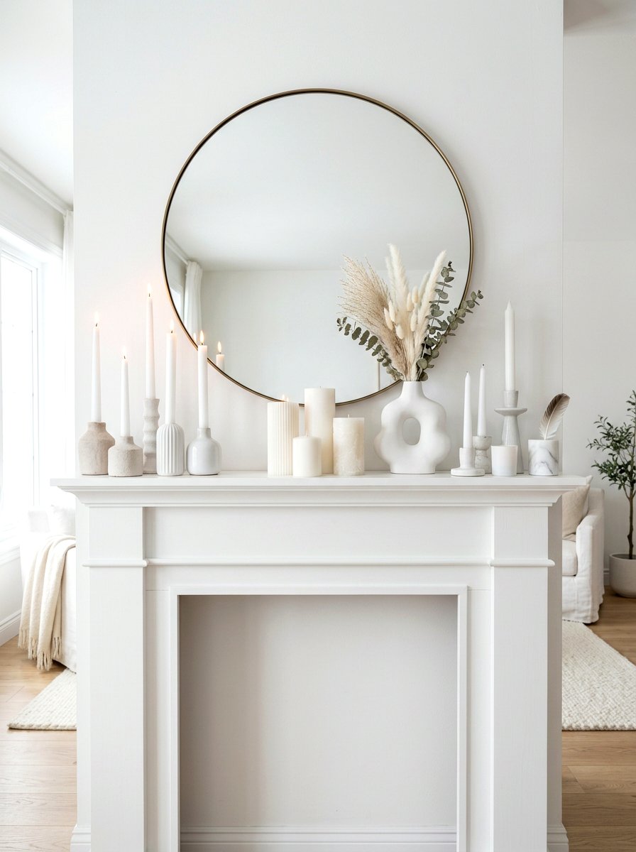 White Monochromatic Mantel - 30 mantel candle styling ideas