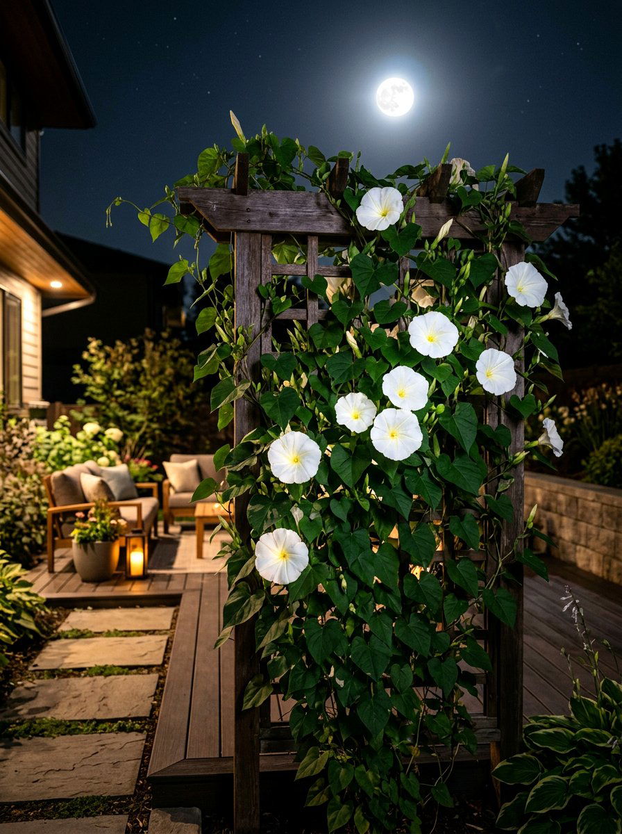 White Moonflower Vine - 30 moon garden backyard ideas