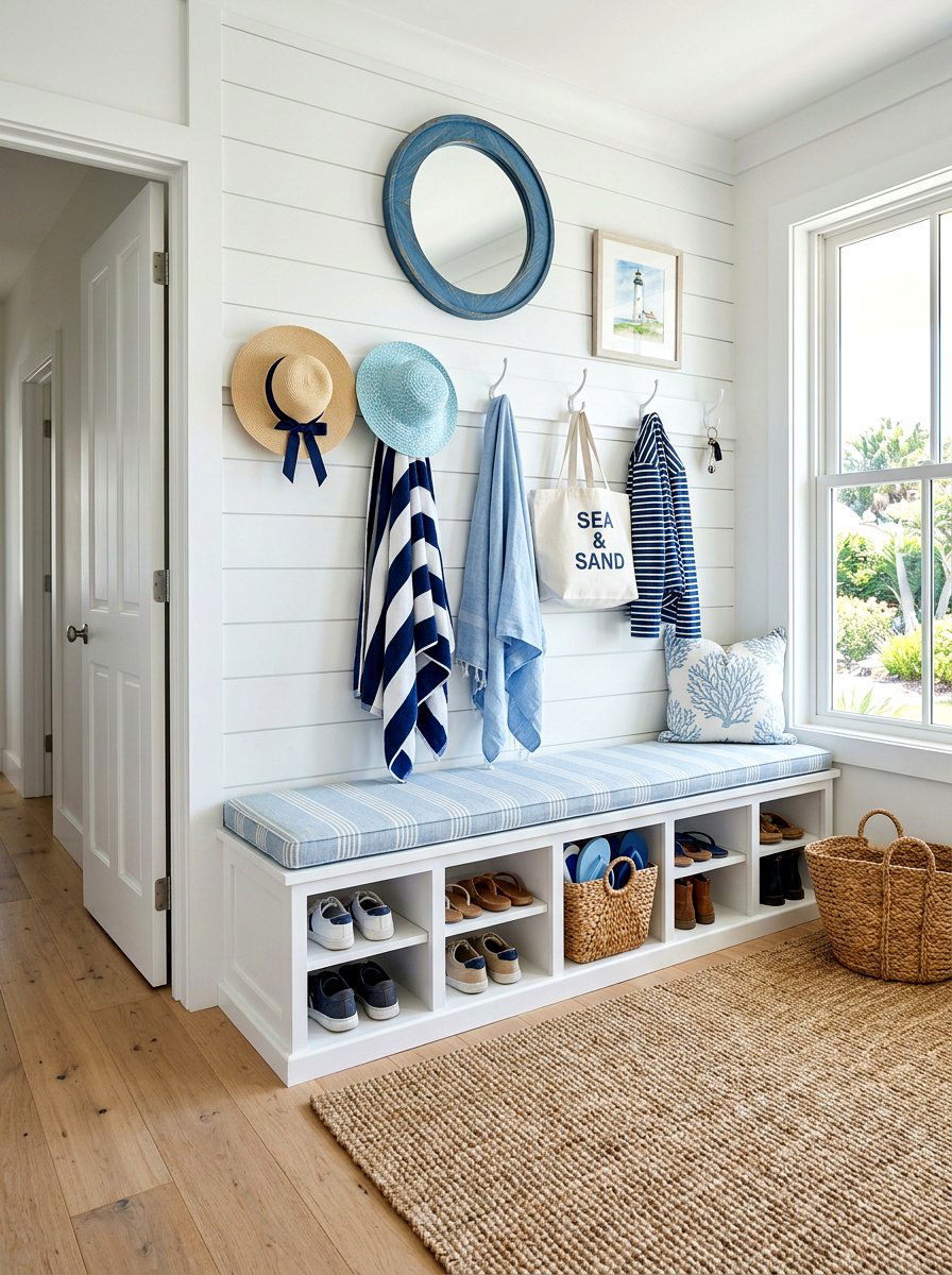 White Mudroom Bench With Shiplap Hooks - 30 entry bench and hooks ideas