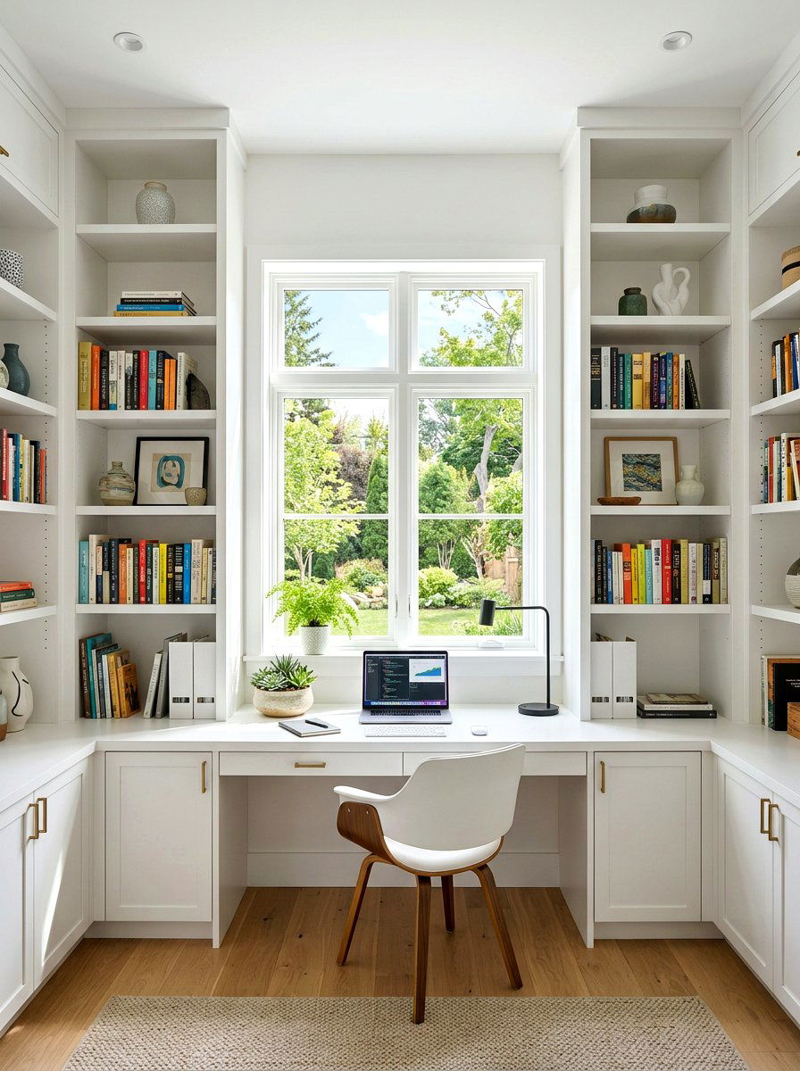 White Office Built In Around Window - 30 white office built in ideas