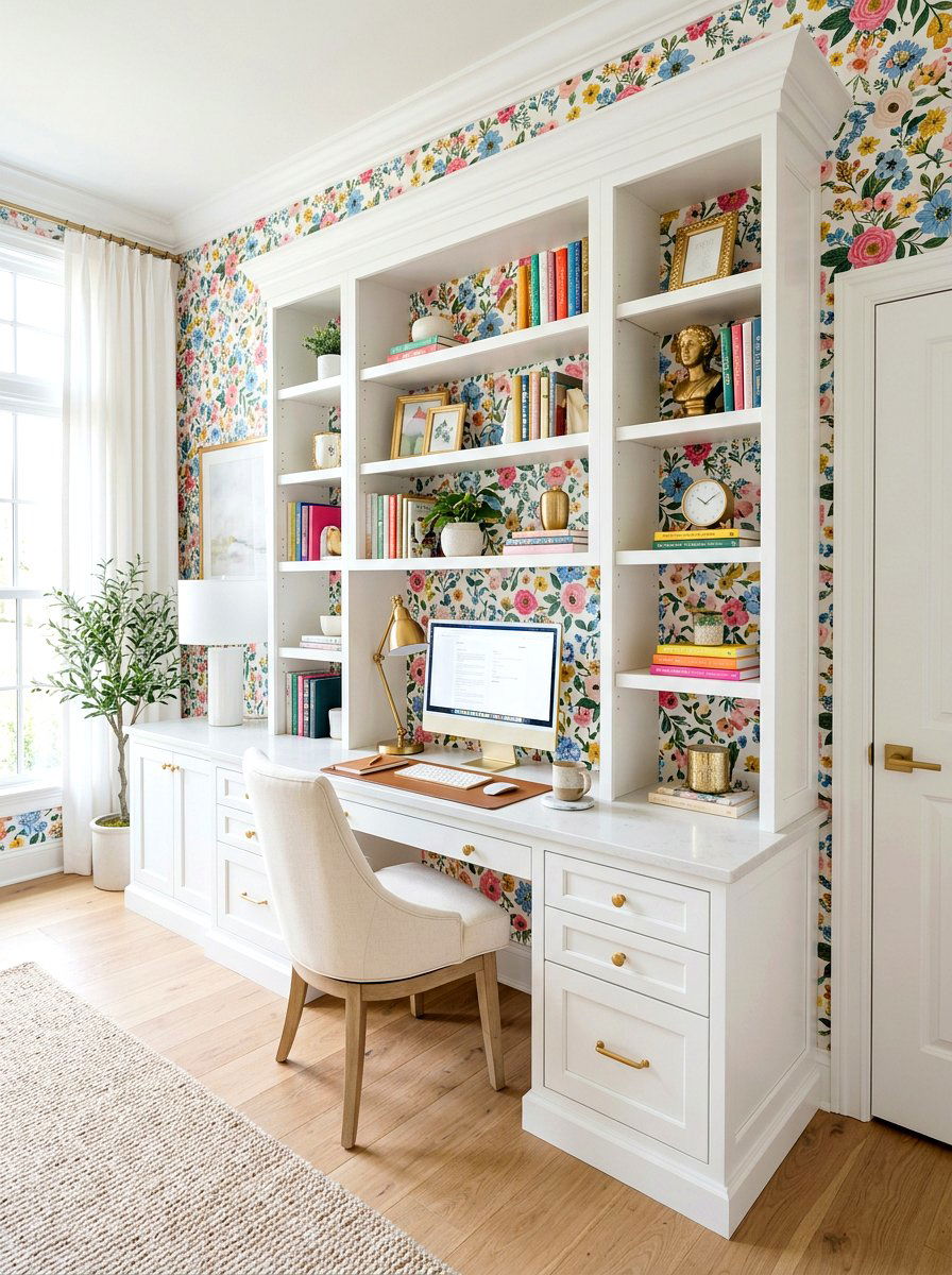White Office Built In With Accent Wallpaper - 30 white office built in ideas