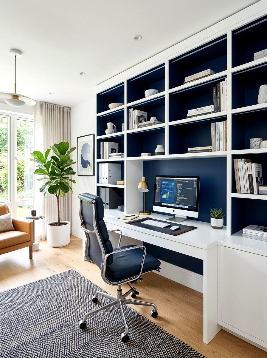 White Office Built In With Contrast Backing - 30 white office built in ideas