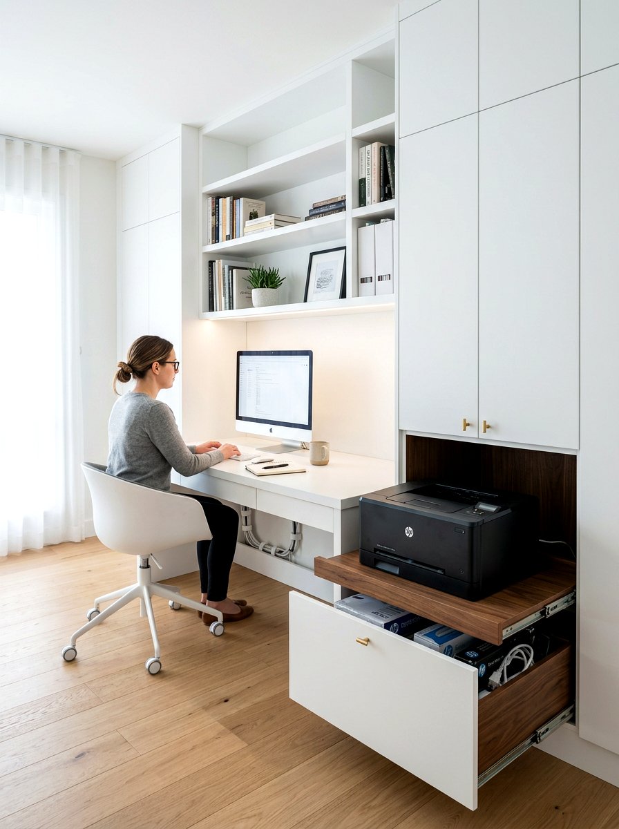 White Office Built In With Hidden Printer Storage - 30 white office built in ideas