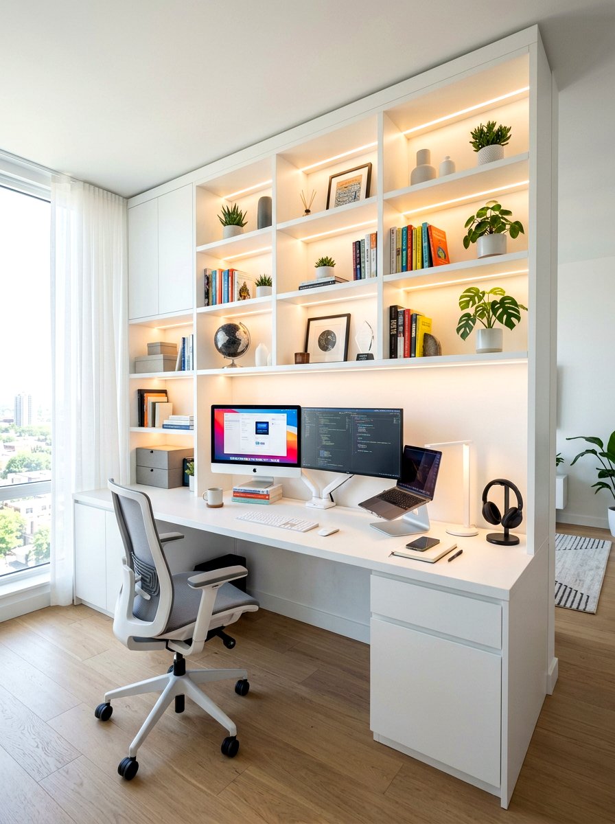 White Office Built In With Led Lighting - 30 white office built in ideas
