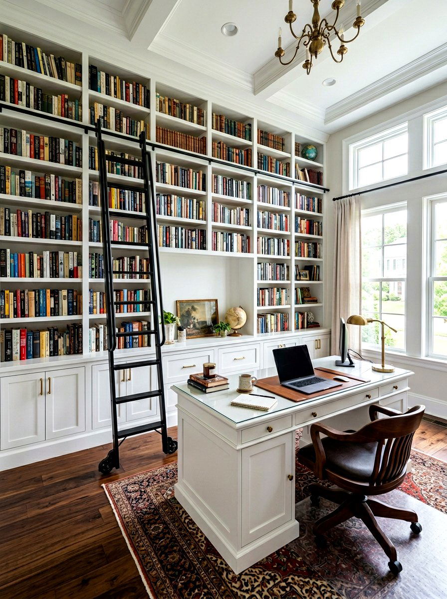 White Office Built In With Library Ladder - 30 white office built in ideas