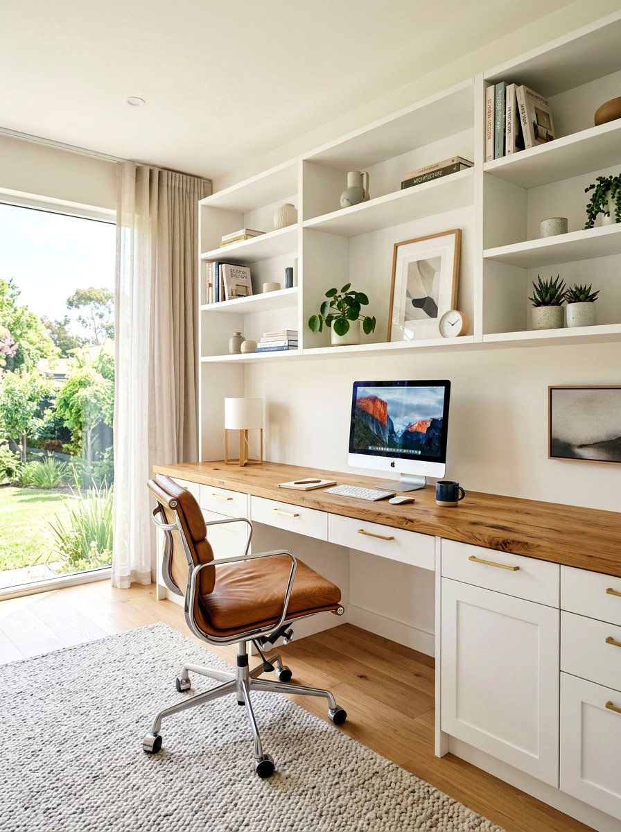 White Office Built In With Wood Desk Top - 30 white office built in ideas