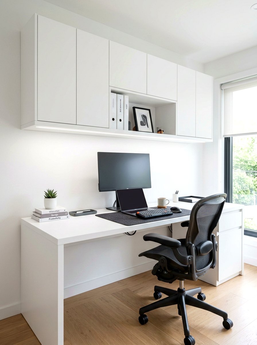 White Office Desk With Overhead Cabinets - 30 white office built in ideas