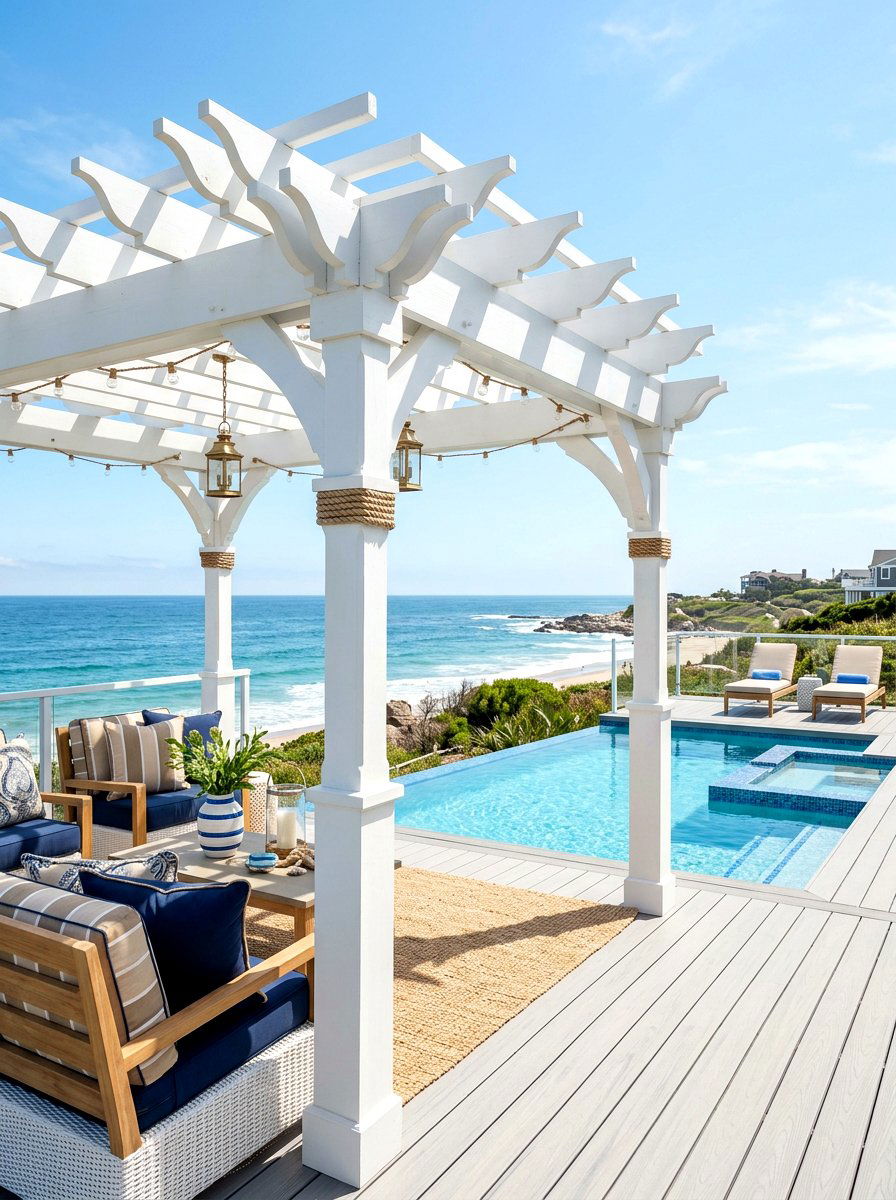 White Painted Coastal Pergola - 30 courtyard pergola ideas