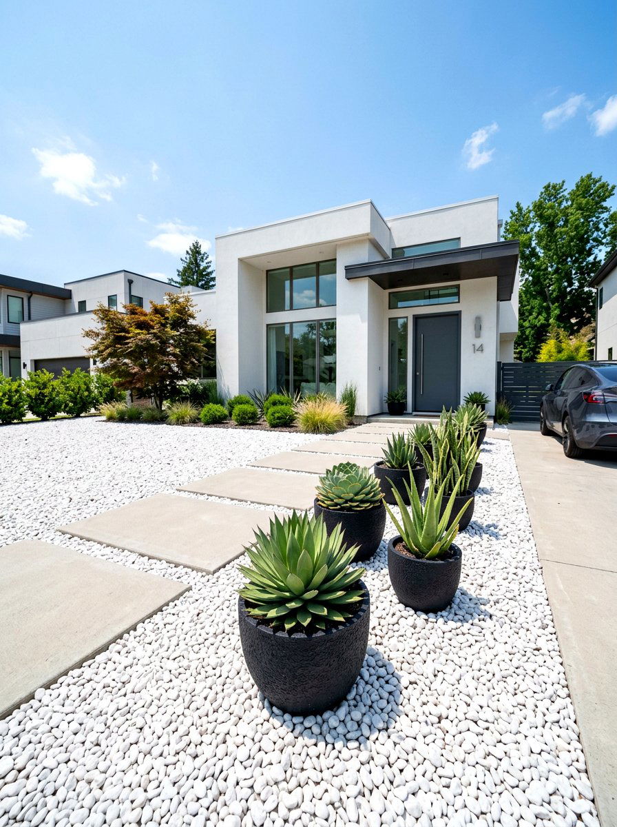 White Pebble Contrast - 30 front yard mulch ideas