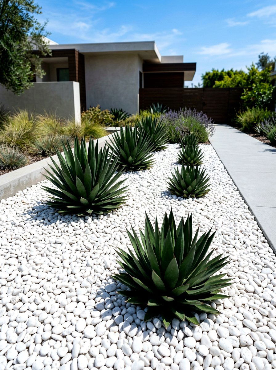 White Pebble Mulch - 30 modern front yard ideas
