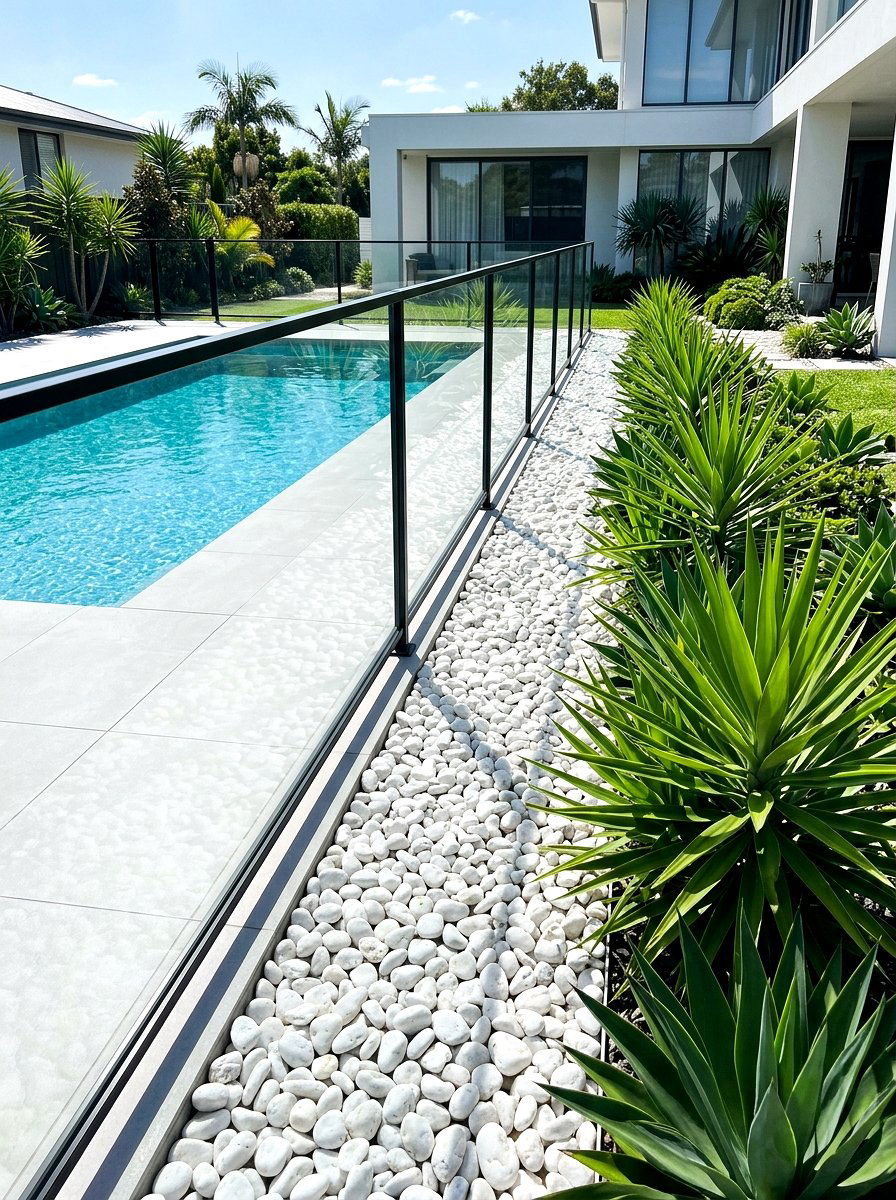 White Pebble Stone Border - 30 pool fence landscaping ideas