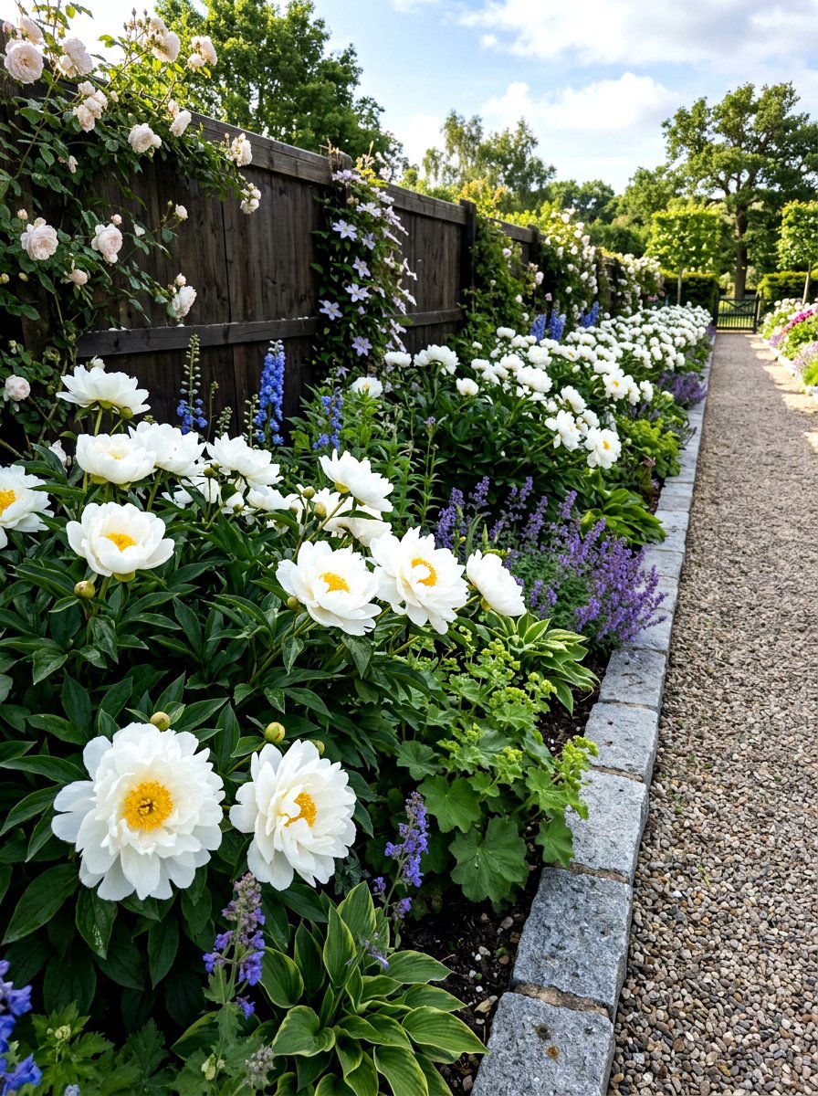 White Peony Border - 30 peony garden bed ideas