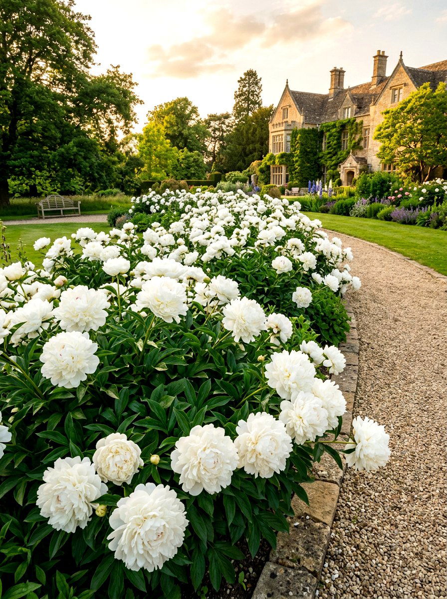 White Peony Garden Border - 30 moonlight white flower border ideas