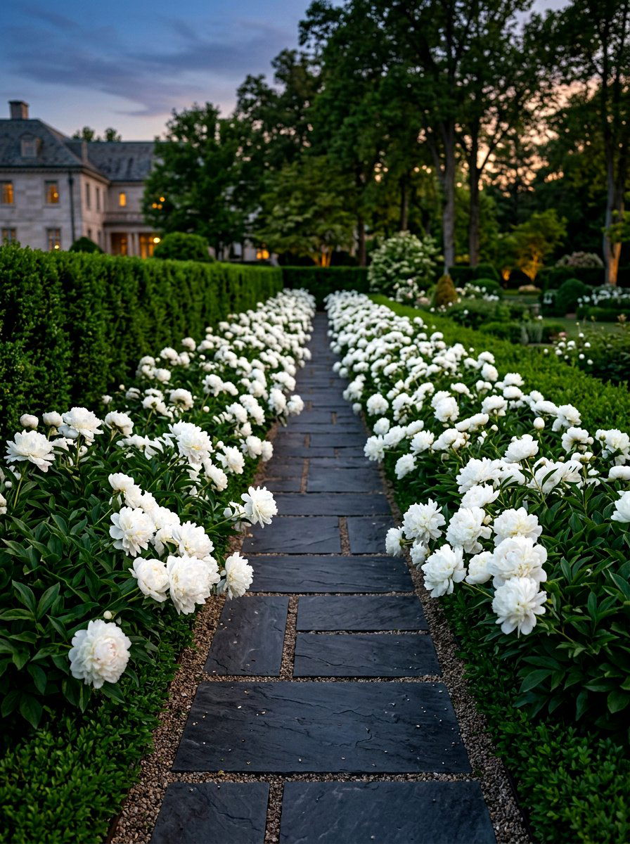 White Peony Walkway - 30 peony garden ideas