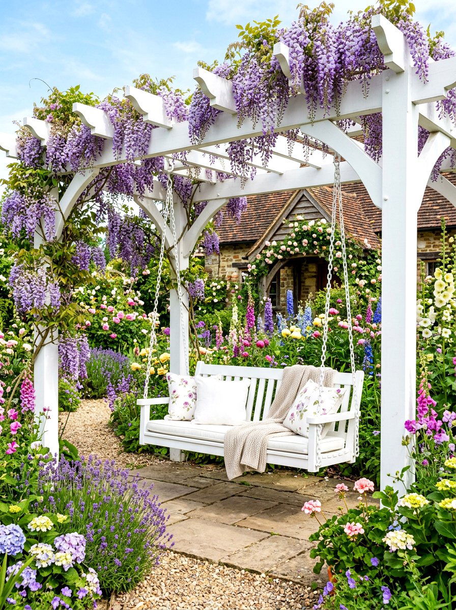 White Pergola Swing - 30 pergola with swings ideas