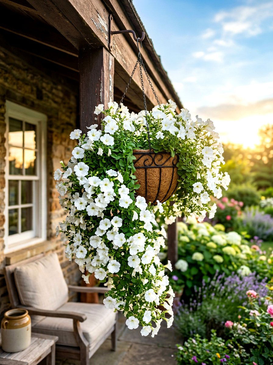 White Petunia Basket - 30 moon garden backyard ideas