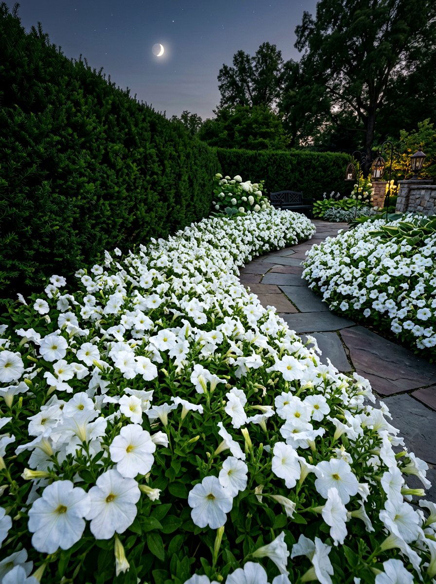 White Petunia Beds - 30 flower bed plant ideas