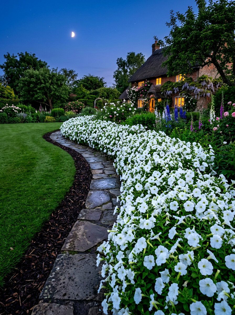 White Petunia Border - 30 moon garden ideas