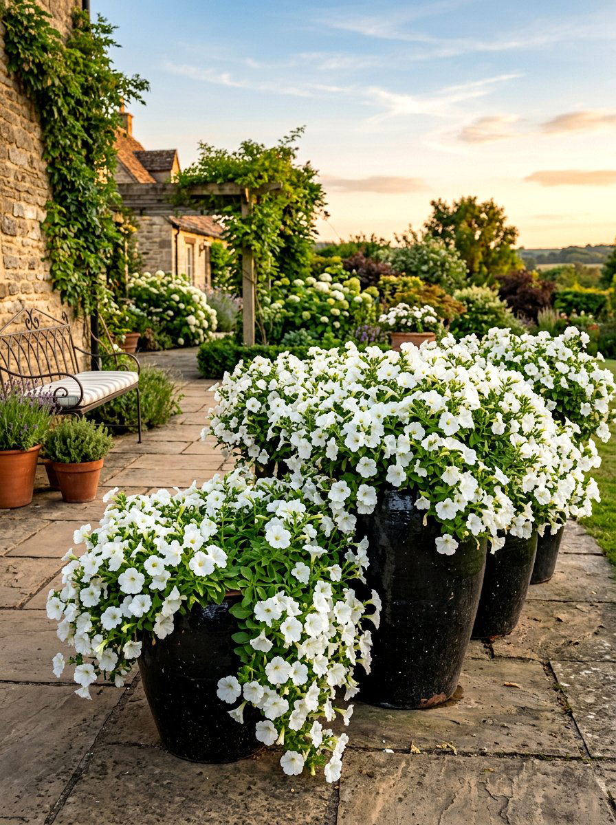 White Petunia Container Garden - 30 moonlight white flower border ideas