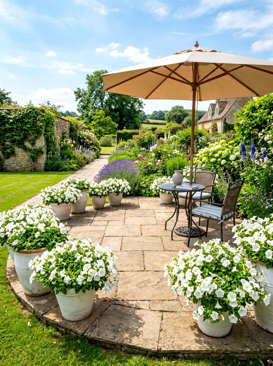 White Petunia Patio - 30 white bloom garden ideas