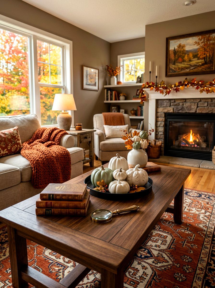 White Pumpkin Display - 30 coffee table seasonal decor ideas