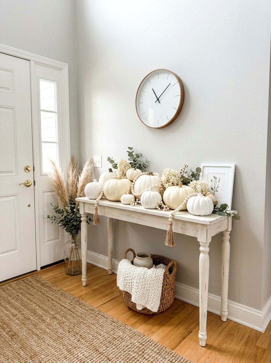 White Pumpkin Foyer Display - 30 Thanksgiving entry table ideas