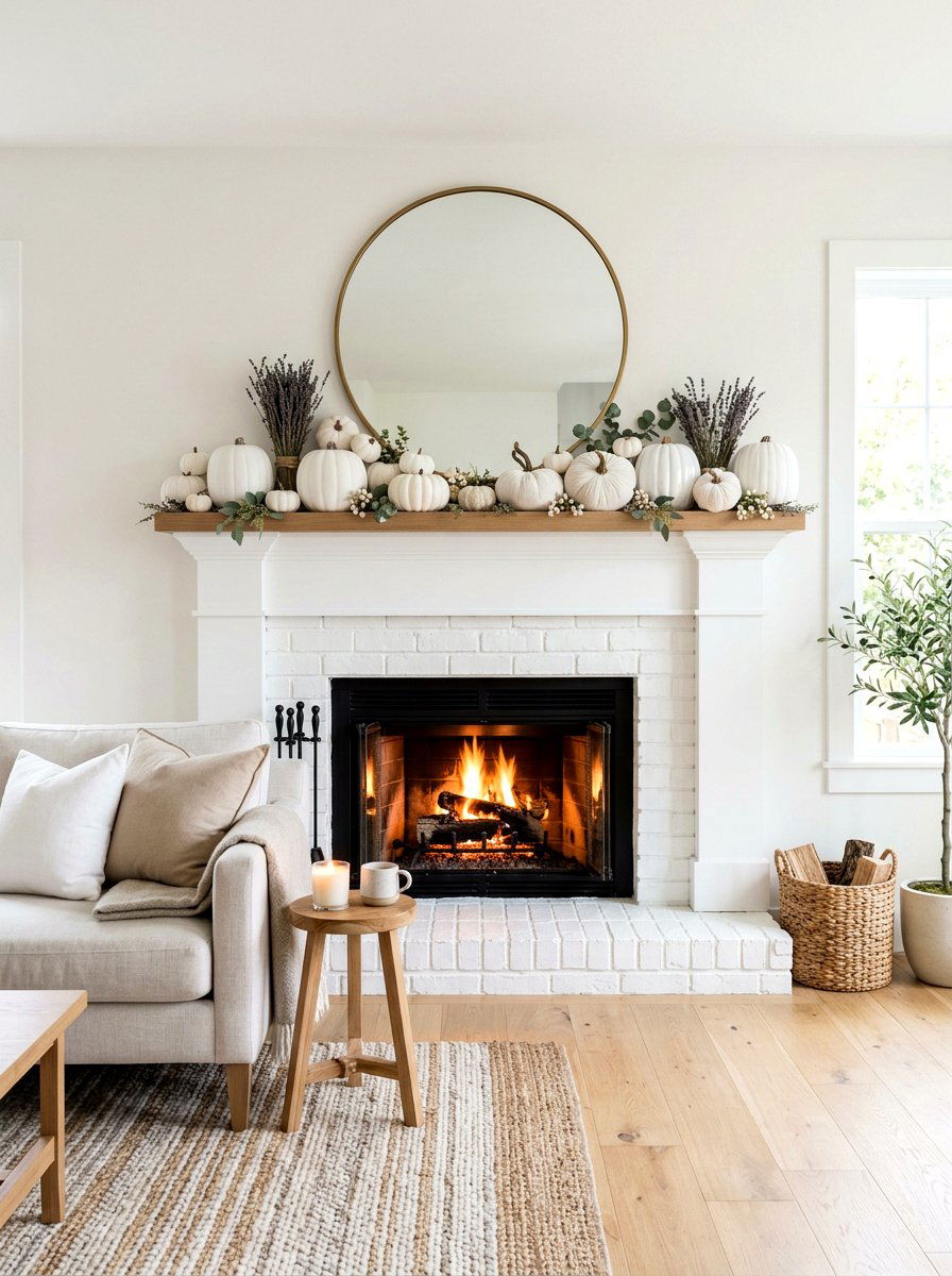 White Pumpkin Mantel - 30 Halloween mantel decor ideas