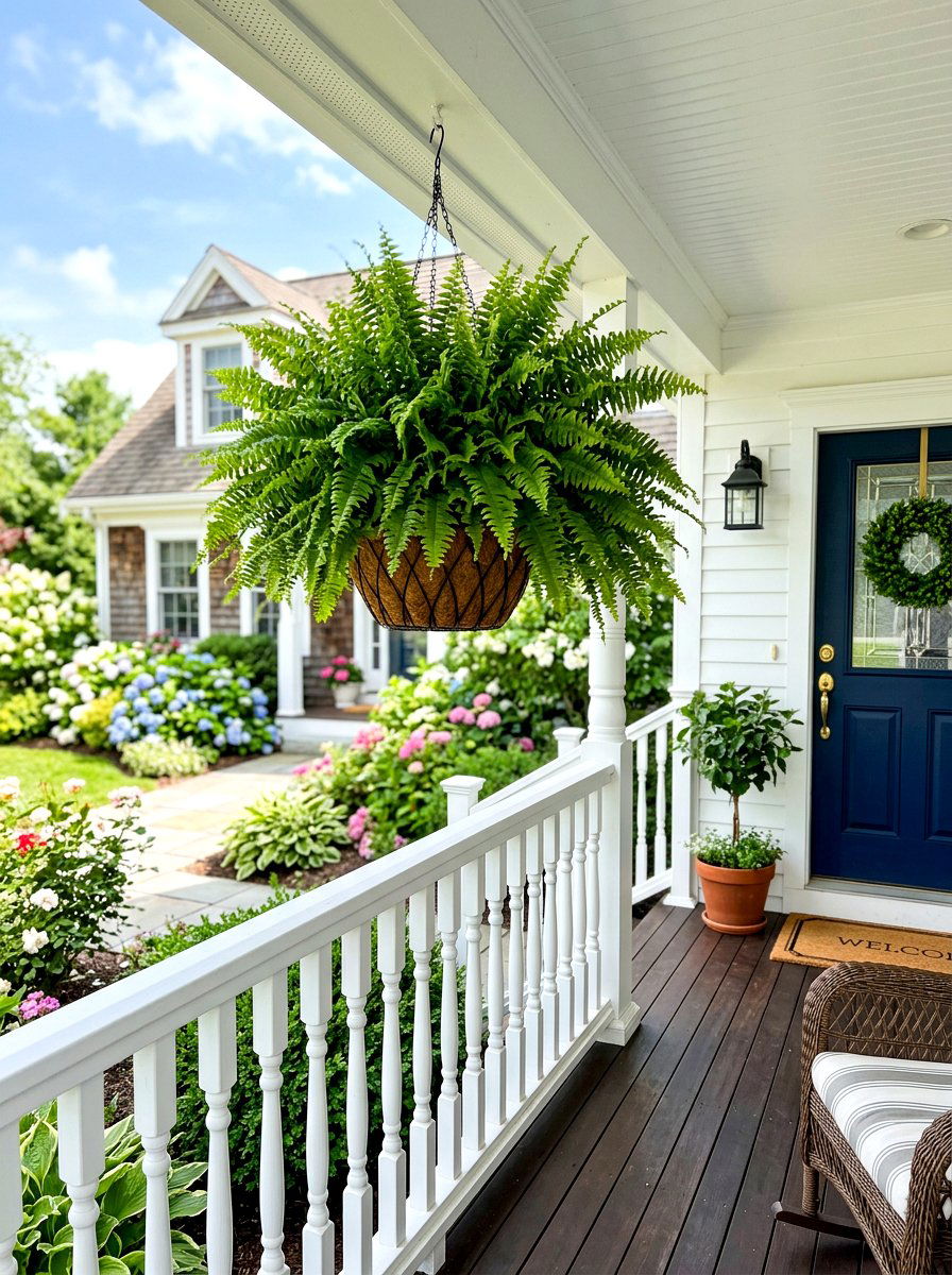 White Railing Porch Hanging Fern - 30 hanging fern porch ideas