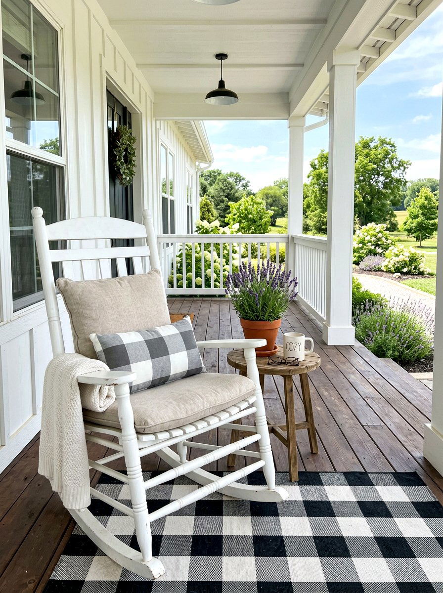 White Rocking Chair - 30 farmhouse porch decor ideas