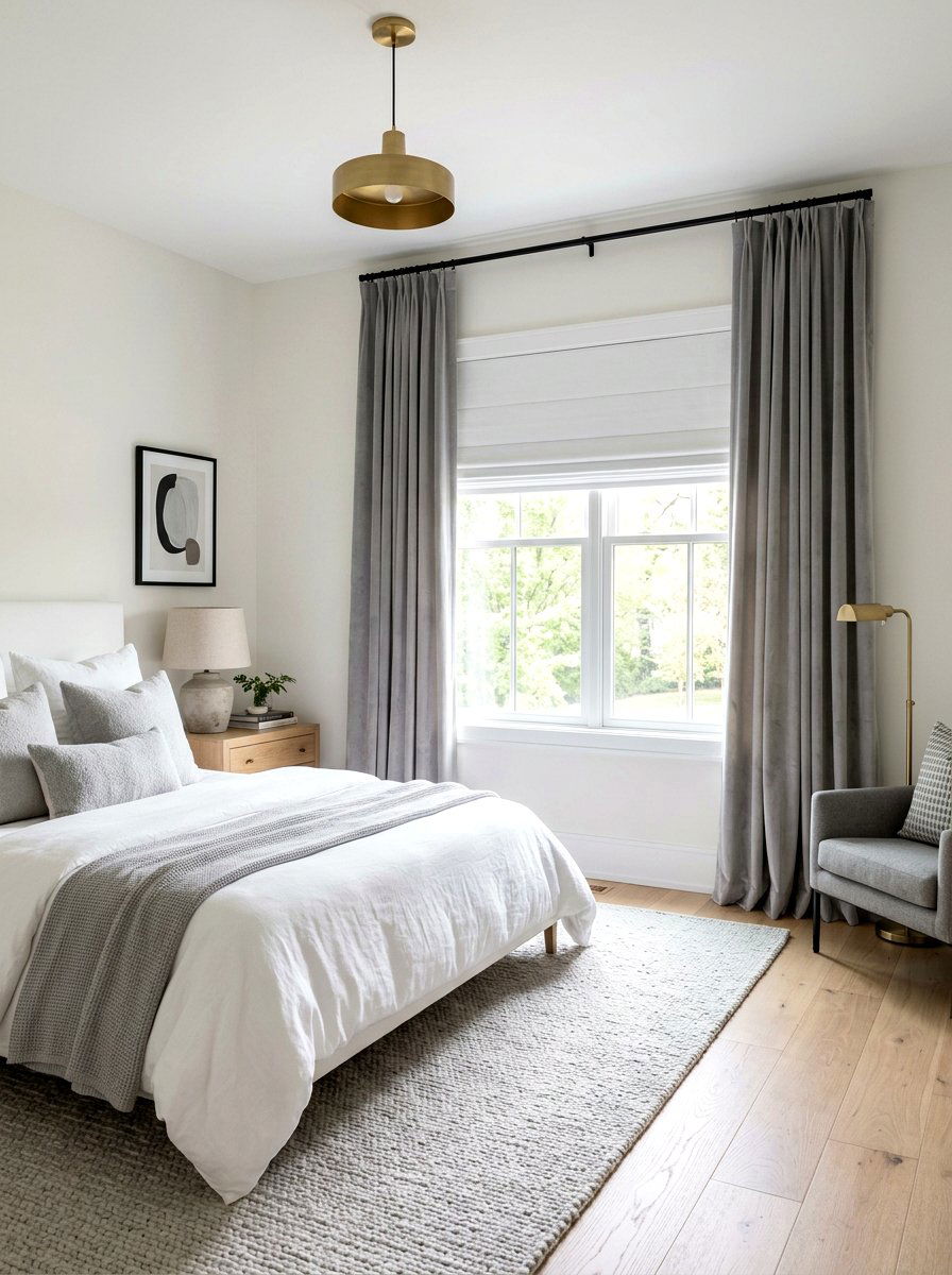 White Roman Shade With Gray Curtains - 30 blind and curtain combo ideas